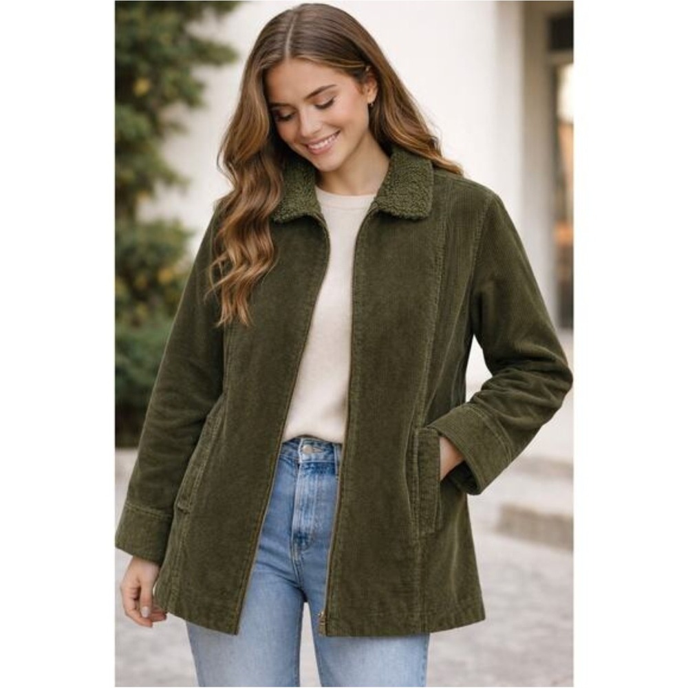 J. Jill Heritage Tumbled Cord Coat Corduroy Army Green Jacket Full Zip 2X Sherpa